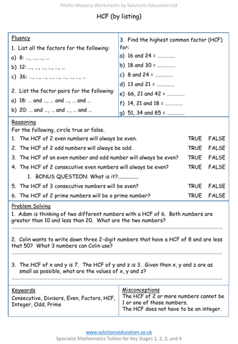 HCF (by listing) Mastery Worksheet