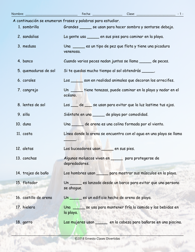Beach Things and Activities Spanish Study Sheet | Teaching Resources
