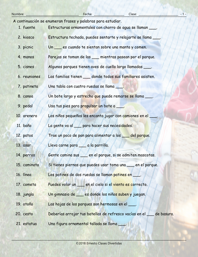 Park Things and Activities Spanish Study Sheet | Teaching Resources