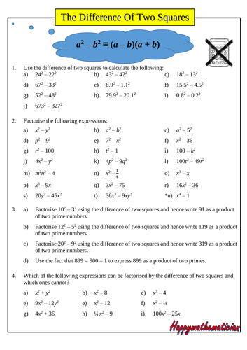 The Difference Of Two Squares With Applications & Answers - over 40 ...