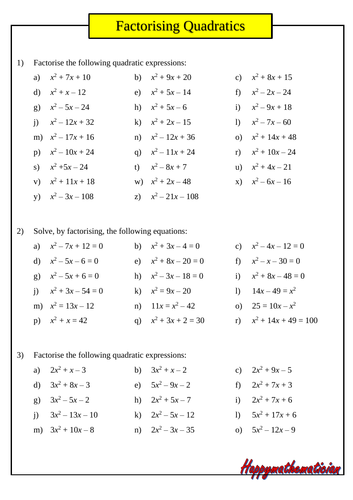 Factorising Quadratics - Over 180 Questions With Answers 