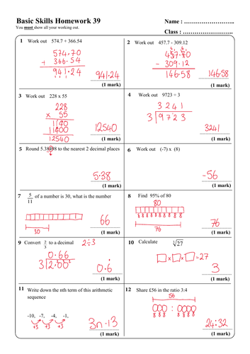 maths homework sheets ks3