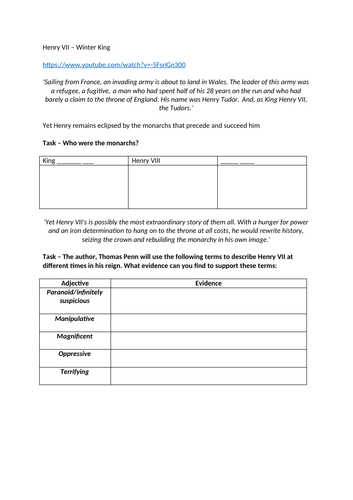 Henry VII The Winter King Worksheet to support the BBC TV