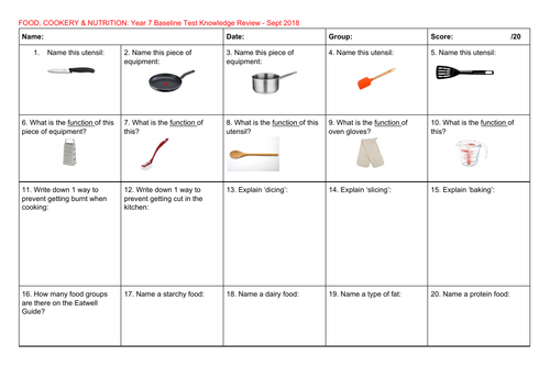 year 7 8 9 baseline tests for food nutrition cookery teaching