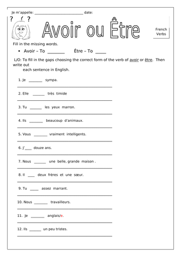 French Introduction To Avoir And Être Worksheets Teaching Resources 