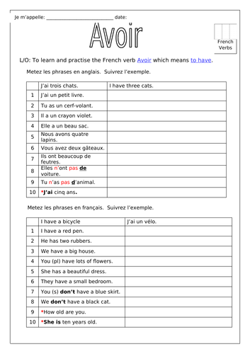 FRENCH - Introduction to Avoir & Être - Worksheets | Teaching Resources