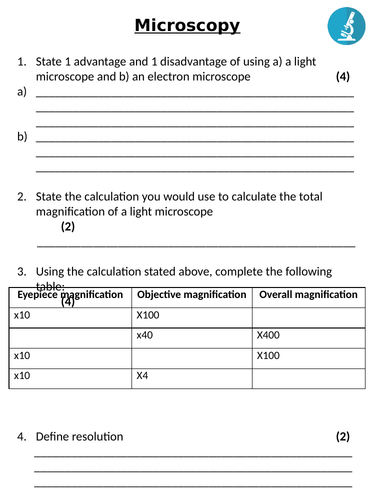 NEW AQA GCSE Trilogy (2016) Biology - Microscopy Homework