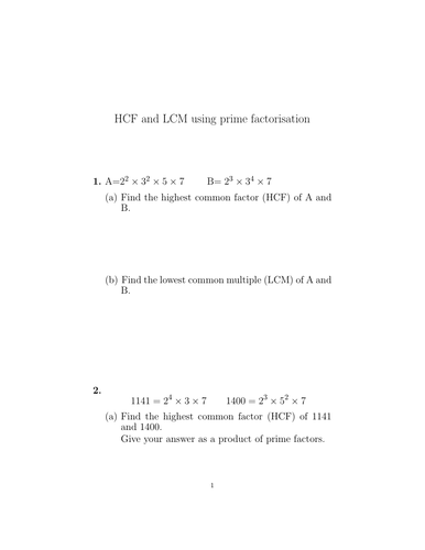 HCF and LCM using prime factorisation worksheet no 2 (with detailed ...