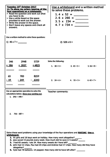 Operations (add, subtract, divide, multiply) mish-mash (formative assessment) Year 3/4