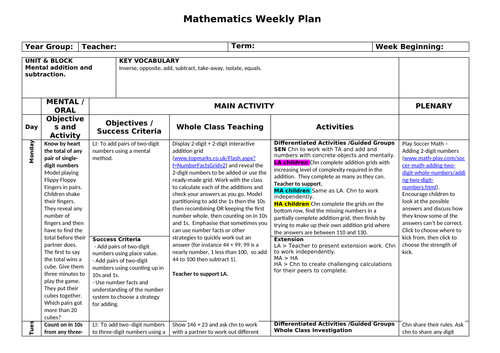 Mental Addition and Subtraction Planning  - 1 Week