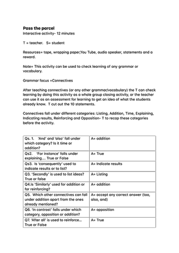 Connectives for English KS2/KS3 and KS4 ESL Learners / PASS THE PARCEL UNIQUE ACTIVITY