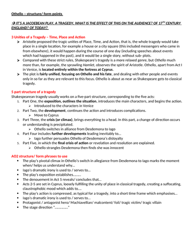 Othello: TRAGIC STRUCTURE/ FORM FEATURES