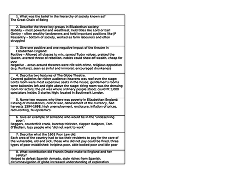 AQA 8145 Elizabethan England - life in Elizabethan England starter for 10 revision activity