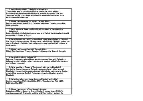 AQA 8145 Elizabethan England - rebellions and plots starter for 10 revision activity and answers