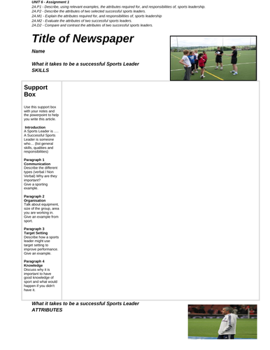 BTEC SPORT Level 2 UNIT 6 Support Sheet for Leadership Assignment 1
