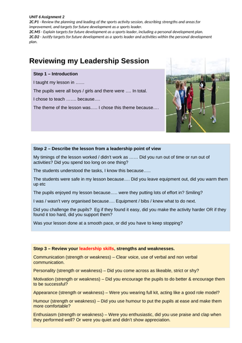 BTEC SPORT Level 2 UNIT 6 Reviewing Leadership Session Support Sheet