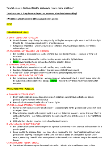 Kant ESSAY PLAN - OCR Religious Studies A Level NEW SPEC