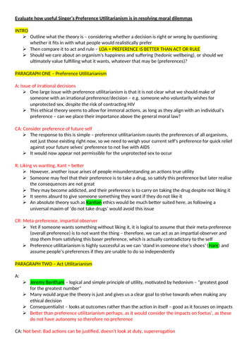 Singer's Preference Utilitarianism ESSAY PLAN - OCR Religious Studies A Level