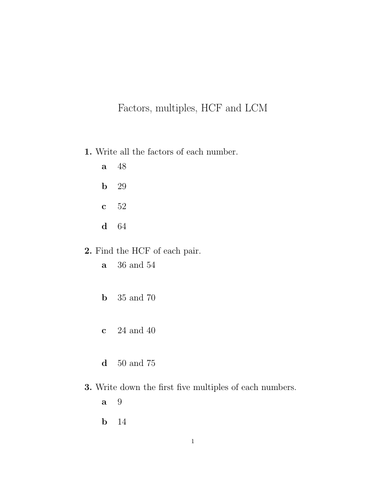 factors multiples hcf and lcm worksheet with solutions teaching