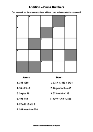 addition-practice-cross-numbers-teaching-resources