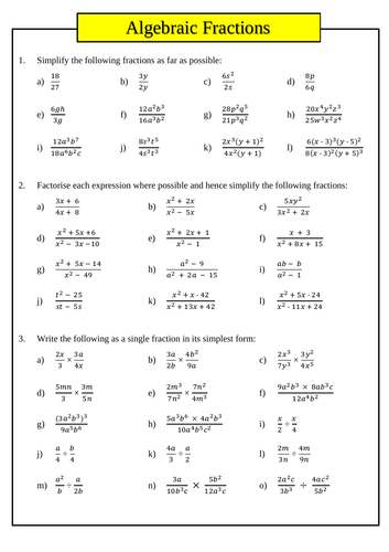 Algebraic Fractions for higher level GCSE + answers | Teaching Resources