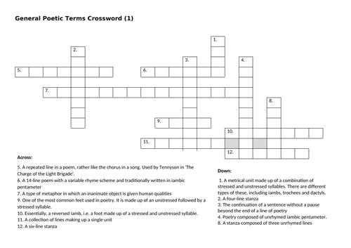 Poetry Crossword 1 Teaching Resources