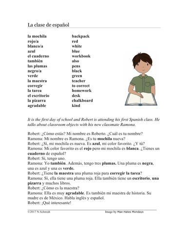 En la clase de español Lectura - Easy Spanish Script + Worksheet