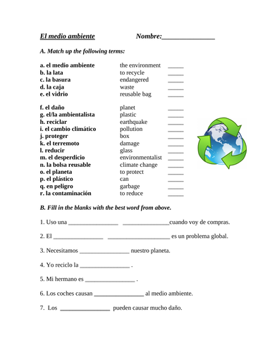 El Medio Ambiente: Spanish Worksheet on Environment: Earth Day / Día de Tierra