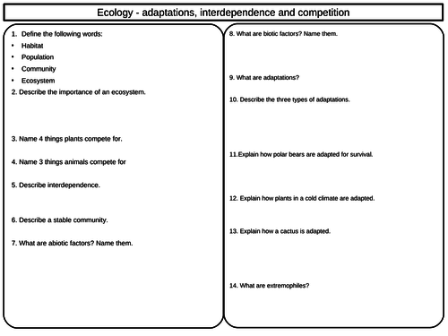 AQA Biology combined science GCSE - Ecology revision sheet with answers