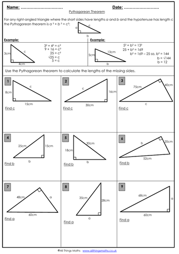 Pythagoras Theorem Worksheet Teaching Resources
