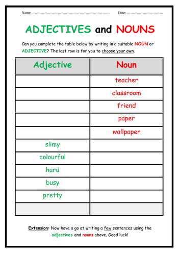 Adjectives And Nouns Worksheet Teaching Resources