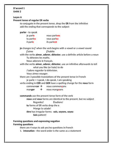 D'accord 1 Unité 2 Study Guide | Teaching Resources