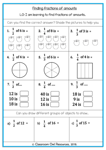 year 2 maths finding fractions of shapes objects amounts