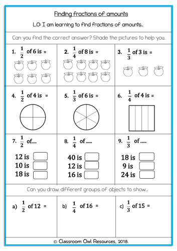 year-2-maths-finding-fractions-of-shapes-objects-amounts-differentiated-worksheets