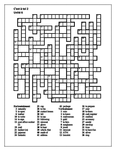 C est à toi 2 Unité 6 Crossword Teaching Resources
