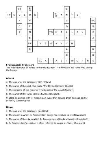 Frankenstein Crossword for KS3 Teaching Resources