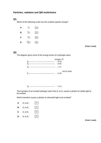 Multichoice practise - Particles and quantum mechanics - AQA A-level Physics