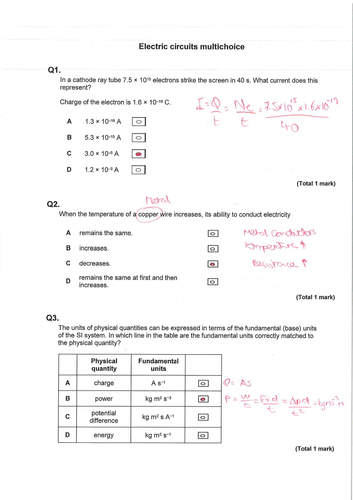 Multichoice practise - Electric currents and circuits - AQA A-level Physics.