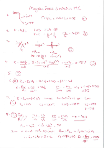 Multichoice Practise - Magnetic fields and EM - AQA A-level Physics