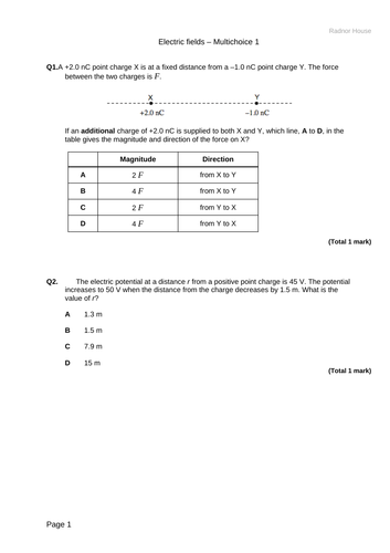 Multichoice practise - Electric fields - AQA A-level Physics.