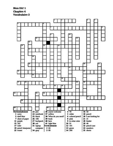 Bien Dit 1 Chapitre 4 Vocabulaire 2 Crossword