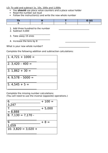 Year 4 - Adding 1s, 10s, 100s and 1000s