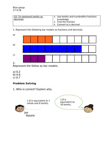 Year 4 - Representing tenths as decimal numbers