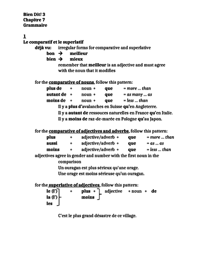 Bien Dit 3 Chapitre 7 Grammaire Study guide