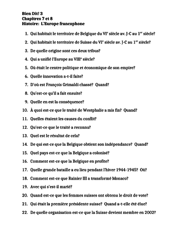 Bien Dit 3 Chapitres 7 et 8 Histoire l'Europe francophone Worksheet