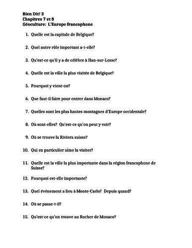 Bien Dit 3 Chapitres 7 et 8 Géoculture l'Europe francophone Worksheet