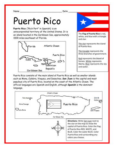 PUERTO RICO - Printable handout with map and flag | Teaching Resources