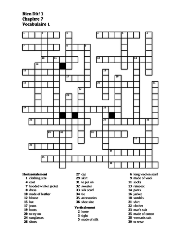 Bien Dit 1 Chapitre 7 Vocabulaire 1 Crossword