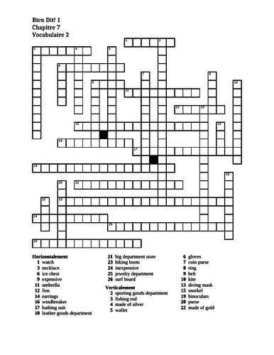 Bien Dit 1 Chapitre 7 Vocabulaire 2 Crossword