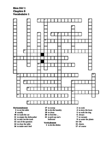 Bien Dit 1 Chapitre 8 Vocabulaire 1 Crossword